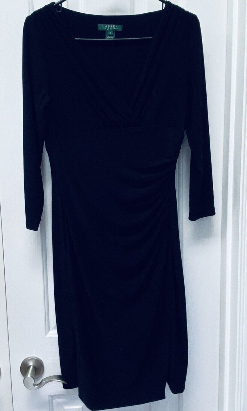 Lauren Ralph Lauren Black Dress Size 6 Ruched Long Sleeve Funeral Solid Cocktail